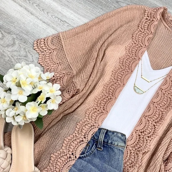 Scallop Lace Trim Kimono | MAUVE - Picture 2 of 4